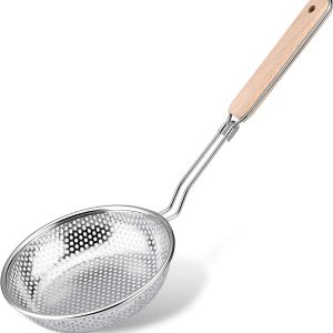 Stainless Steel Micro-Perforated Skimmer Strainer,Pasta Noodle Net Basket with Wooden Handle(25 Ounce)